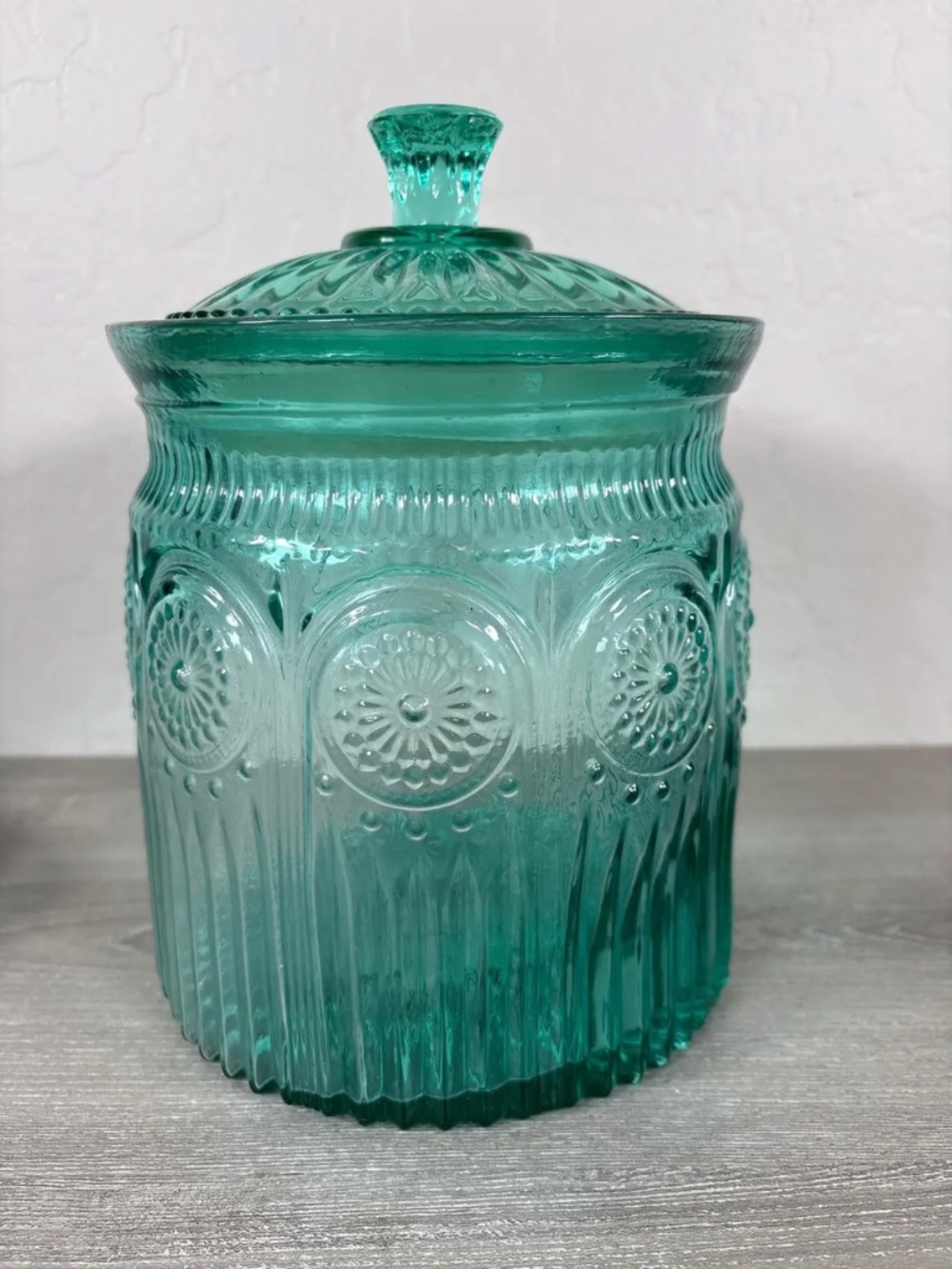 The Pioneer Woman Adeline Turquoise Pressed Glass Lidded Cookie Jar Embossed 9"